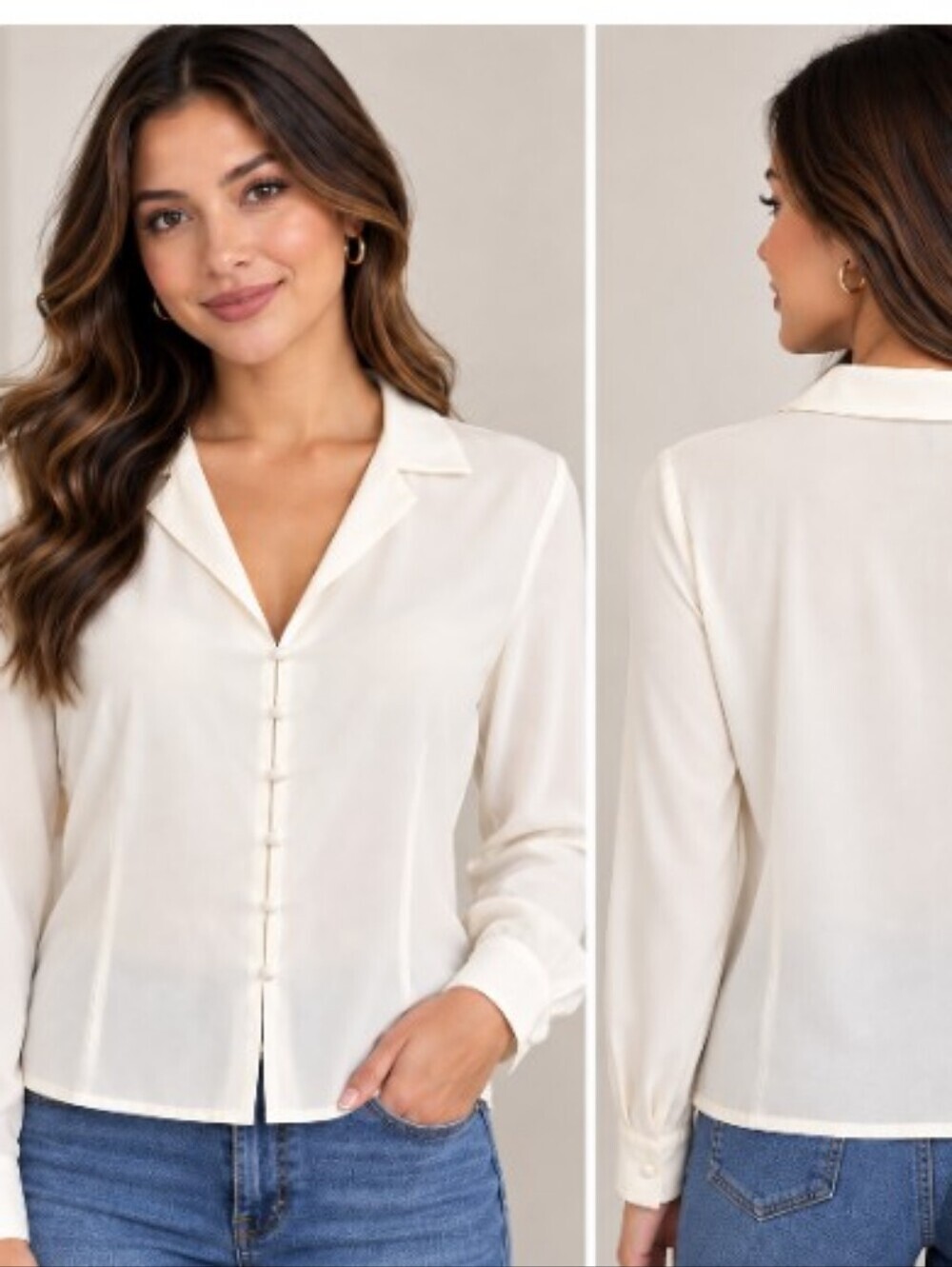 Worthington Women's Small Ivory Button-Front Blouse with Notched Collar/Bottons